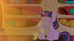 Size: 3840x2160 | Tagged: safe, artist:ruxify, dinky hooves, twilight sparkle, pony, unicorn, fanfic:twilight sparkle my mentor and more, g4, age difference, explicit source, fanfic, fanfic art, female, filly, golden oaks library, high res, kiss on the lips, kissing, lesbian, mare, revision, romantic, shipping, show accurate, twilight is a foal fiddler, twinky, unicorn twilight