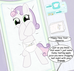 Size: 1533x1461 | Tagged: safe, artist:millifoal, derpibooru exclusive, sweetie belle, pony, unicorn, g4, baby wipes, changing table, cute, diaper, female, filly, foal