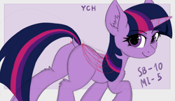 Size: 3999x2321 | Tagged: safe, artist:atlas-66, twilight sparkle, alicorn, pony, g4, butt, commission, dock, female, high res, looking at you, looking back, looking back at you, plot, raised tail, rear view, solo, tail, twibutt, twilight sparkle (alicorn), wip, ych example, your character here