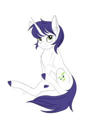 Size: 1920x2469 | Tagged: safe, artist:nyota71, oc, oc only, oc:nightshade, pony, unicorn, belladonna, chest fluff, colored hooves, commission, ear fluff, eye clipping through hair, female, green eyes, long tail, mare, purple hair, short hair, simple background, smiling, solo, transparent background, white coat