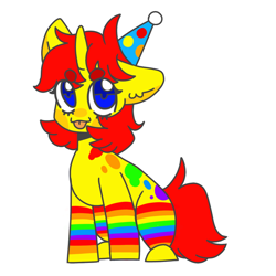 Size: 768x768 | Tagged: safe, artist:blushgutz, oc, oc only, oc:kiddo (rigbythememe), pony, unicorn, colorful, female, hat, kidcore, party hat, rainbow, simple background, solo, tongue out, white background
