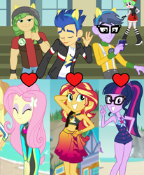 Size: 1471x1784 | Tagged: safe, edit, edited screencap, screencap, flash sentry, fluttershy, micro chips, sandalwood, sci-twi, sunset shimmer, twilight sparkle, equestria girls, equestria girls specials, g4, my little pony equestria girls: better together, my little pony equestria girls: forgotten friendship, my little pony equestria girls: friendship games, belly button, female, male, microlight, pony ears, sandalshy, ship:flashimmer, shipping, shipping domino, straight