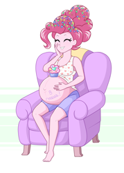 Size: 2009x2810 | Tagged: safe, artist:kb-adult-art, pinkie pie, human, equestria girls, g4, the last problem, barefoot, belly, big belly, candy, chair, confetti, cupcake, cute, diapinkes, feet, food, high res, older, older pinkie pie, outie belly button, preggy pie, pregnant, pregnant equestria girls, smiling, spanish, spanish text