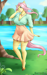 Size: 1024x1622 | Tagged: safe, artist:bunnynha, fluttershy, anthro, unguligrade anthro, g4, breasts, busty fluttershy, cleavage, clothes, deviantart watermark, female, human facial structure, jewelry, lake, necklace, obtrusive watermark, solo, tree, watermark