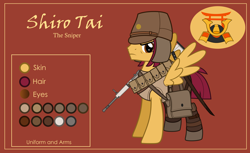 Size: 3000x1832 | Tagged: safe, artist:n0kkun, oc, oc only, oc:shiro tai, pegasus, pony, bag, belt, boots, brown background, clothes, gun, hat, katana, male, military, pants, pouch, reference sheet, rifle, saddle bag, shoes, simple background, solo, stallion, sword, tank top, weapon, world war ii