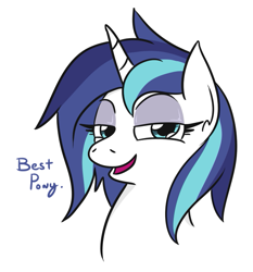 Size: 685x734 | Tagged: safe, artist:jargon scott, shining armor, pony, unicorn, g4, best pony, bust, female, gleaming shield, lidded eyes, looking at you, mare, open mouth, portrait, rule 63, simple background, smiling, smug, solo, white background