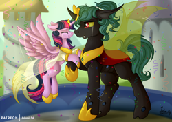 Size: 4092x2893 | Tagged: safe, artist:julunis14, twilight sparkle, oc, oc:bandit, alicorn, changeling, pony, g4, alternate hairstyle, armor, canon x oc, canterlot, changeling oc, clothes, commission, crying, double colored changeling, dress, fangs, female, height difference, horn, horn ring, jewelry, male, marriage, princess, regalia, ring, royal wedding, shipping, shoes, size difference, straight, tears of joy, twilight sparkle (alicorn), wedding, wedding dress, wedding ring
