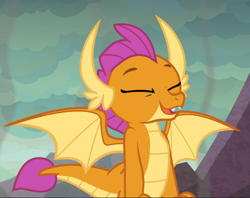 Size: 1181x937 | Tagged: safe, screencap, smolder, dragon, g4, sweet and smoky, cropped, cute, dragon lands, dragoness, eyes closed, fangs, female, happy, horns, nostalgia, open mouth, smiling, smoke, smolderbetes, sniffing, solo, spread wings, teenaged dragon, teenager, wings