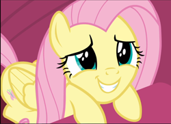 Size: 1300x941 | Tagged: safe, screencap, fluttershy, pegasus, pony, g4, sweet and smoky, close-up, cropped, cute, eye shimmer, female, mare, prone, shyabetes, smiling, solo