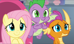Size: 1588x941 | Tagged: safe, screencap, fluttershy, smolder, spike, dragon, pegasus, pony, g4, sweet and smoky, cropped, cute, dragoness, female, flying, male, mare, shyabetes, smiling, smolderbetes, spikabetes, trio, winged spike, wings