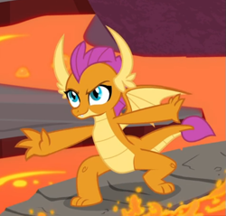 Size: 617x589 | Tagged: safe, screencap, smolder, dragon, g4, sweet and smoky, confident, cropped, determined, dragon lands, dragoness, fangs, female, lava, lava surfing, smiling, smirk, solo, spread wings, surfing, teenaged dragon, teenager, toes, wings
