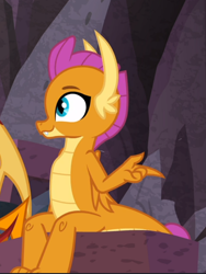 Size: 634x841 | Tagged: safe, screencap, garble, smolder, dragon, g4, sweet and smoky, claws, cropped, cute, dragoness, female, finger snap, folded wings, horns, looking up, side view, sitting, slit pupils, smiling, smolderbetes, solo focus, teenaged dragon, teenager, wings