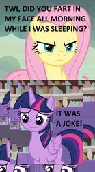 Size: 1116x2008 | Tagged: safe, edit, edited screencap, screencap, fluttershy, twilight sparkle, alicorn, pony, g4, sweet and smoky, :t, angry, caption, cropped, dialogue, fart joke, female, fluttershy is not amused, glare, image macro, implied farting, mare, solo, text, toilet humor, twilight sparkle (alicorn), unamused