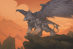 Size: 2246x1500 | Tagged: safe, artist:littlepolly, oc, oc only, oc:vax, griffon, armor, claws, fantasy class, griffon oc, gryphon kingdom, mountain, scenery, spread wings, standing, warrior, wing armor, wings