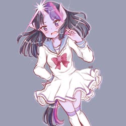 Size: 2048x2048 | Tagged: safe, artist:moh_mlp2, twilight sparkle, anthro, g4, blushing, clothes, cutie mark accessory, dress, female, glowing horn, gray background, hand on hip, high res, horn, kneesocks, looking at you, no pupils, open mouth, sailor uniform, simple background, socks, solo, uniform, zettai ryouiki