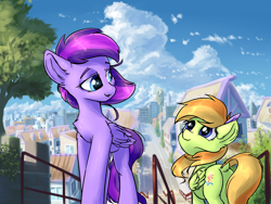 Size: 1600x1200 | Tagged: safe, artist:ravistdash, derpibooru exclusive, oc, oc only, oc:f-dream, oc:fravel, pegasus, pony, butt, city, cloud, feather, kimi no na wa, looking at each other, plot, ponyville, stairs, tree, your name