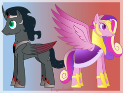 Size: 1200x900 | Tagged: safe, artist:enigmadoodles, king sombra, princess cadance, alicorn, pony, g4, alicornified, armor, pegasus cadance, race swap, role reversal, sombracorn