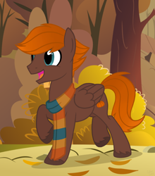 Size: 818x931 | Tagged: safe, artist:pgthehomicidalmaniac, oc, oc only, oc:scarecrow fields, pegasus, pony, clothes, leaves, male, scarf, solo, stallion, tree