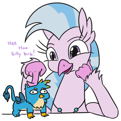 Size: 880x879 | Tagged: safe, artist:jargon scott, gallus, silverstream, griffon, hippogriff, g4, birb, dialogue, duo, female, male, simple background, size difference, squatgriffon, squatpony, white background, woonoggles