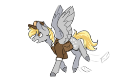 Size: 1280x853 | Tagged: safe, artist:flaming-trash-can, derpy hooves, pegasus, pony, g4, bag, clothes, female, letter, mailmare, mare, no pupils, profile, saddle bag, simple background, solo, white background