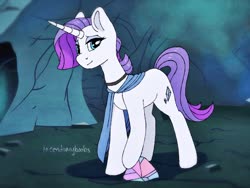 Size: 1280x960 | Tagged: safe, artist:incendiarymoth, maud pie, rarity, pony, unicorn, g4, cave, choker, clothes, cutie mark, female, fusion, horn, mare, rock, scarf, solo