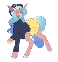 Size: 2726x2905 | Tagged: safe, artist:amcirken, oc, oc only, oc:musical lorden, pony, unicorn, clothes, curved horn, cute, female, hat, high res, horn, mare, miniskirt, pleated skirt, simple background, skirt, solo, sweater, transparent background