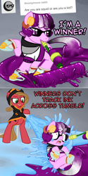 Size: 800x1602 | Tagged: safe, artist:thedragenda, oc, oc only, oc:ace, oc:pun, earth pony, pony, ask pun, ask, bipedal, female, hose, mare, mouth hold, pride, splatoon, water