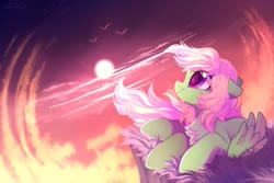 Size: 2449x1632 | Tagged: safe, artist:mirtash, oc, oc only, oc:spectral wind, pegasus, pony, chest fluff, cloud, dawn, female, floppy ears, grass, looking up, mare, on side, sky, smiling, solo, ych result