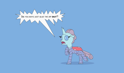 Size: 4242x2507 | Tagged: source needed, safe, artist:gd_inuk, ocellus, changedling, changeling, g4, blue background, clothes, desperation, dialogue, distressed, fangs, female, footed sleeper, high res, need to pee, omorashi, pajamas, potty emergency, potty time, shrunken pupils, simple background, solo, speech bubble, story included, zipper