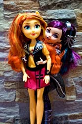 Size: 1024x1544 | Tagged: safe, artist:artofmagicpoland, sunset shimmer, equestria girls, equestria girls series, g4, doll, ever after high, female, hug, irl, photo, raven queen, toy
