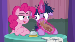 Size: 1920x1080 | Tagged: safe, screencap, pinkie pie, twilight sparkle, alicorn, pony, a trivial pursuit, g4, bell, floppy ears, hyperventilating, messy mane, paper bag, twilight snapple, twilight sparkle (alicorn)