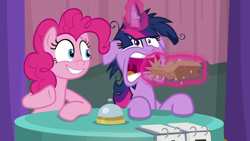Size: 1920x1080 | Tagged: safe, screencap, pinkie pie, twilight sparkle, alicorn, pony, a trivial pursuit, g4, bell, floppy ears, inhaling, messy mane, paper bag, table, twilight sparkle (alicorn)
