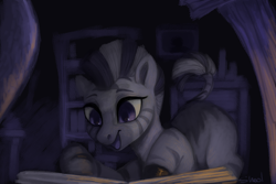 Size: 5400x3600 | Tagged: safe, artist:violettacamak, zecora, pony, zebra, g4, blank flank, book, bookshelf, cute, female, filly, filly zecora, happy, inspiration, open mouth, reading, smiling, solo, sweet dreams fuel, younger, zecorable