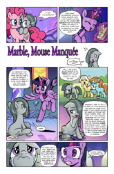 Size: 1268x1920 | Tagged: safe, artist:pencils, bright eyes, marble pie, pinkie pie, twilight sparkle, oc, unnamed oc, alicorn, earth pony, pony, comic:marble mare manquee, g4, bully, bullying, comic, crying, dialogue, eyes closed, female, filly, flashback, food, fourth wall, magic, mare, open mouth, open smile, paper, quesadilla, scared, sitting, smiling, speech bubble, sweat, sweatdrop, telekinesis, they're just so cheesy, turophobia, twilight sparkle (alicorn), twilight's castle