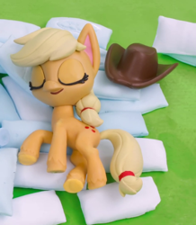 Size: 942x1078 | Tagged: safe, screencap, applejack, earth pony, pony, g4.5, my little pony: stop motion short, pillow fight (short), applejack's hat, cowboy hat, cropped, female, hat, mare, pillow, sleeping, solo, stop motion