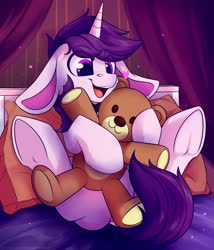 Size: 1500x1750 | Tagged: safe, artist:shadowreindeer, oc, oc only, oc:lapush buns, pony, unicorn, adorkable, bed, bedroom, cute, dork, floppy ears, happy, hoof hold, horn, indoors, male, on bed, open mouth, open smile, pillow, plushie, smiling, solo, stallion, teddy bear, underhoof, unicorn oc