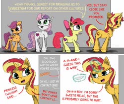 Size: 1600x1336 | Tagged: safe, artist:chopsticks, apple bloom, scootaloo, sunset shimmer, sweetie belle, earth pony, pegasus, pony, unicorn, equestria girls, g4, butt fluff, cheek fluff, comic, contact lens, cutie mark crusaders, dialogue, diverse body types, ear fluff, elf ears, equestria girls ponified, female, filly, funny, hoof fluff, levitation, magic, mare, open mouth, ponified, simple background, telekinesis, text, this will end in pain, this will end in tears