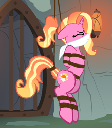 Size: 745x854 | Tagged: safe, artist:addmybasestofavs, artist:gray--day, artist:loladreamteam, artist:radiantrealm, luster dawn, pony, unicorn, g4, the last problem, arm behind back, base used, bondage, bound and gagged, cloth gag, dungeon, eyes closed, female, femsub, gag, hanging, mare, over the nose gag, rope, rope bondage, show accurate, solo, submissive, suspended, tied up
