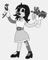 Size: 1586x1955 | Tagged: safe, artist:chili19, oc, oc only, oc:olivia sky, human, undead, zombie, bouquet, clothes, dress, female, flower, gloves, gray background, grayscale, high heels, humanized, monochrome, pac-man eyes, shoes, simple background, solo