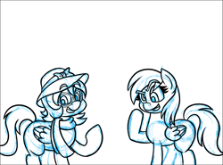 Size: 1819x1348 | Tagged: safe, artist:outofworkderpy, a.k. yearling, derpy hooves, oc, oc:acky, pegasus, pony, g4, clothes, glasses, hat, lineart, scarf, sketch, wip