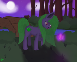 Size: 7500x6000 | Tagged: safe, oc, oc only, fox, fox pony, hybrid, pony, absurd resolution, bridge, bush, cloud, crystal, cute, fangs, female, forest, grass, house, mare, moon, night, open mouth, paws, river, smiling, solo, tree, wide eyes