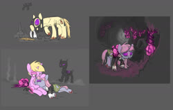 Size: 1789x1145 | Tagged: safe, artist:carnifex, oc, oc only, oc:strap, oc:velvet, changeling, pony, unicorn, changeling oc, cloth, clothes, cocoon, dress, fangs, flying, glowing eyes, gray background, horn, miasma hive, mind control, mouth hold, purple changeling, simple background, starving, torn clothes, unicorn oc