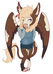 Size: 1609x2242 | Tagged: safe, artist:coffeevixxen, oc, oc only, oc:gilded feather, griffon, hybrid, anthro, digitigrade anthro, clothes, male, simple background, solo, transparent background