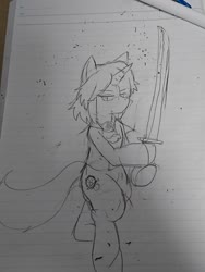 Size: 1080x1440 | Tagged: safe, artist:omegapony16, oc, oc only, pony, unicorn, bipedal, horn, irl, katana, lineart, lined paper, pencil, photo, solo, sword, traditional art, unicorn oc, weapon