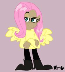 Size: 717x800 | Tagged: safe, artist:mirabuncupcakes15, fluttershy, human, g4, boots, clothes, crossed arms, dark skin, female, humanized, pants, purple background, raised eyebrow, shoes, simple background, smiling, smirk, smug, solo, winged humanization, wings