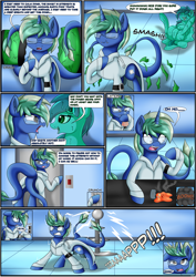 Size: 2893x4092 | Tagged: safe, artist:novaspark, oc, oc only, oc:morpha, oc:nova spark, goo, goo pony, monster pony, original species, tatzlpony, comic:working for a mad mare, ^^, angry, clothes, comic, cross-popping veins, dialogue, double tail, duo, duo female, ear fluff, ears back, electrocution, explosion, eye contact, eyes closed, fangs, female, glasses, gritted teeth, high res, hoof hold, hoof on chest, horn, indoors, lab coat, laughing, lidded eyes, looking at each other, looking at someone, looking back, lying down, multiple tails, narrowed eyes, nose wrinkle, on back, one ear down, onomatopoeia, open mouth, open smile, raised hoof, shading, shadow, shrunken pupils, signature, smiling, speech bubble, standing, tail, teeth, wall of tags