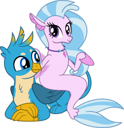 Size: 7803x8018 | Tagged: safe, artist:chainchomp2 edits, artist:phucknuckl, gallus, silverstream, griffon, seapony (g4), g4, school daze, .svg available, absurd resolution, catbird, crossed arms, cute, diastreamies, female, gallabetes, jewelry, lounging, male, necklace, paws, prone, seapony silverstream, ship:gallstream, shipping, simple background, smiling, straight, transparent background, vector, ¯\(ツ)/¯