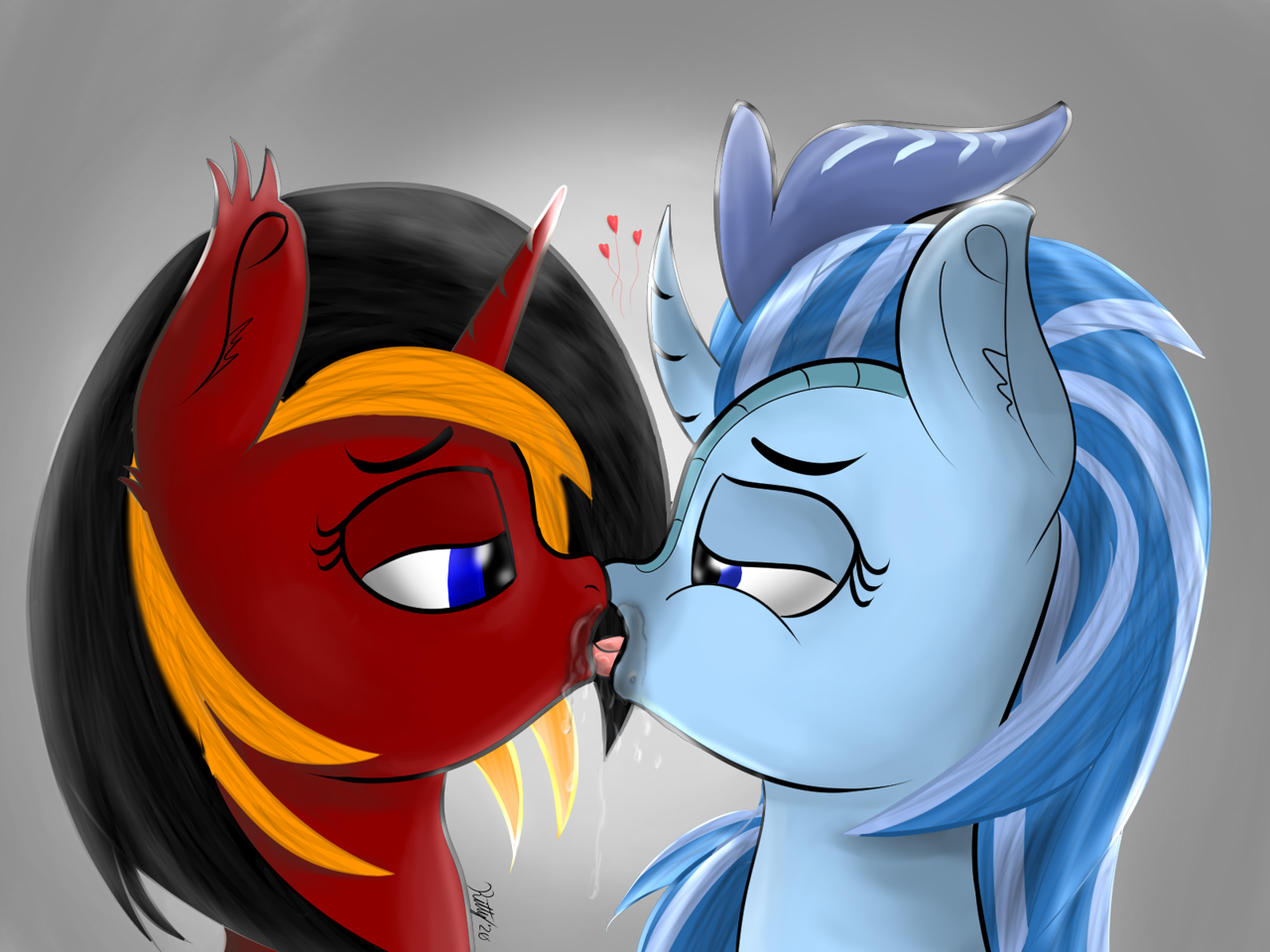 2284972 - suggestive, artist:kalashnikitty, oc, oc:akumu, oc:red flame,  kirin, pony, backlighting, female, french kiss, kirin oc, kissing, lesbian,  making out, tongue wrestling - Derpibooru