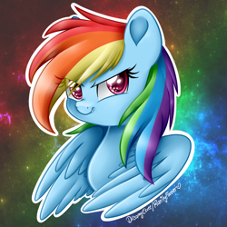 Size: 1000x1000 | Tagged: safe, artist:dreamyeevee, rainbow dash, pegasus, pony, g4, badass, bust, cute, dashabetes, eye clipping through hair, female, mare, outline, solo, wings