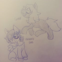 Size: 2340x2340 | Tagged: safe, artist:shpace, oc, oc:cipher, oc:paradise skies, earth pony, pegasus, pony, bow, hair bow, hair over one eye, high res, monochrome, traditional art